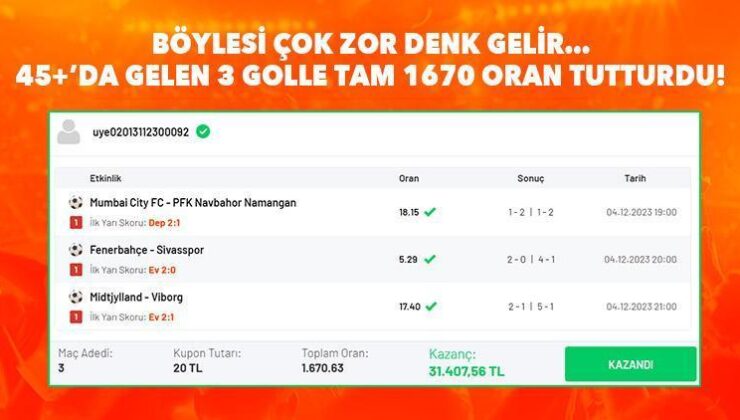 Böylesi çok sıkıntı denk gelir… 45+’da gelen 3 golle tam 1670 oran tutturdu!