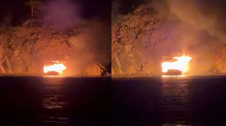 Antalya’da koyda demirli tıp teknesi yandı